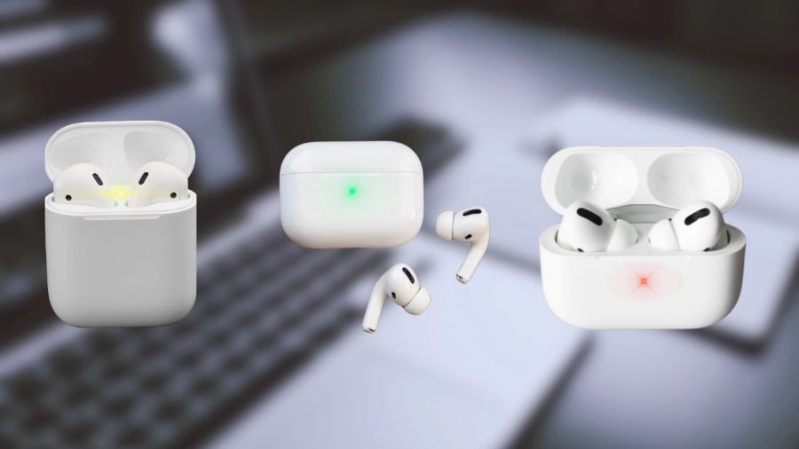 Verschiedene AirPod Modelle mit verschiedenfarbiger LED, mit MacBook und Apple Zubehör im Hintergrund.