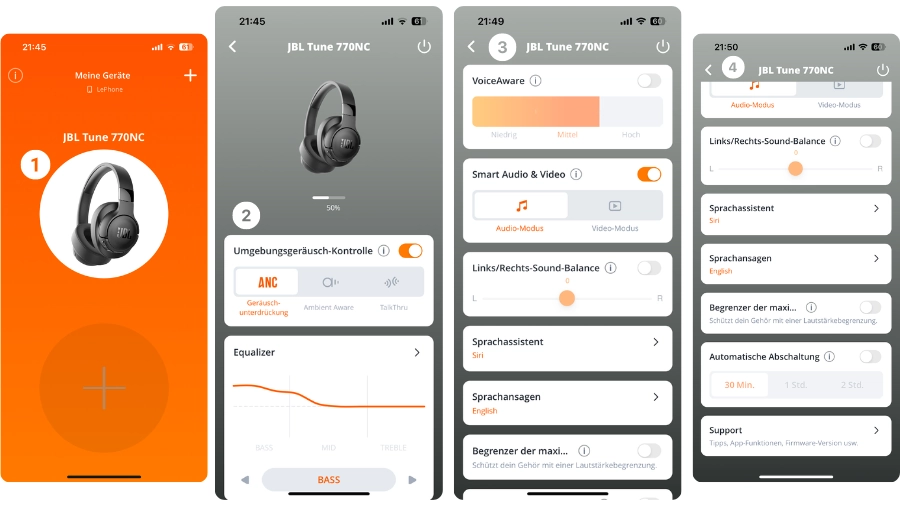 Screenshots der JBL Headphones App um Funktionen zu zeigen, in der Tabelle unten werden die Funktionen erklärt.