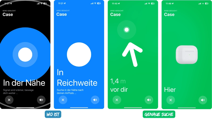 Screenshots der "Wo ist" App auf dem iPhone um AirPods in der Nähe zu finden