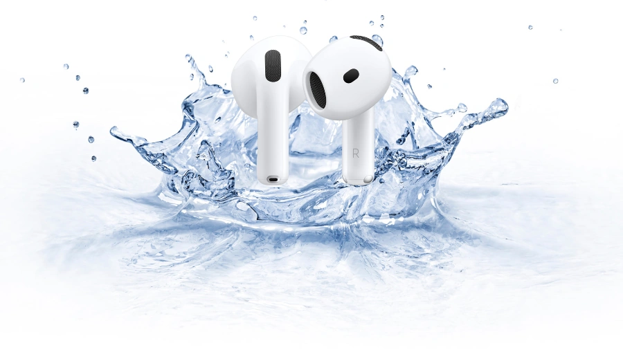 AirPods 4 mit plätscherndem Wasser im Hintergrund