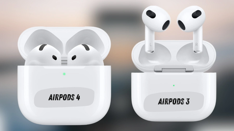 AirPods 3 und AirPods 4 im direkten Vergleich auf weichgezeichneten Hintergrund.