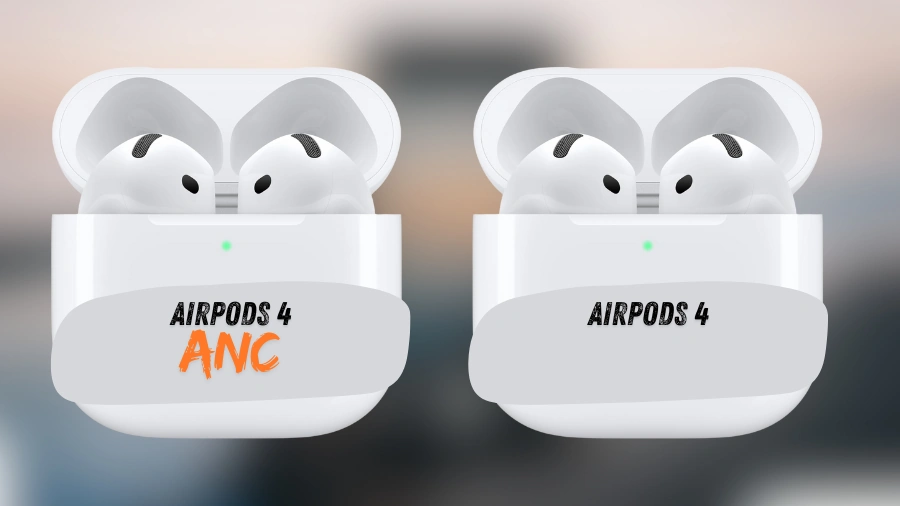 AirPods 4 ANC und AirPods 4 im direkten Vergleich auf weichgezeichnetem Hintergrund.