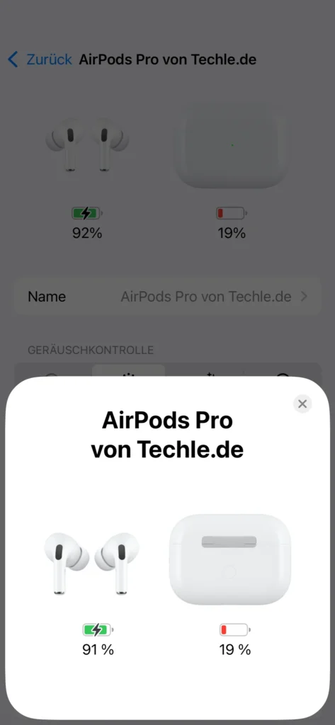 Batteriestand der AirPods Pro 2 in den Einstellungen, wenn das Ladecase geöffnet wird